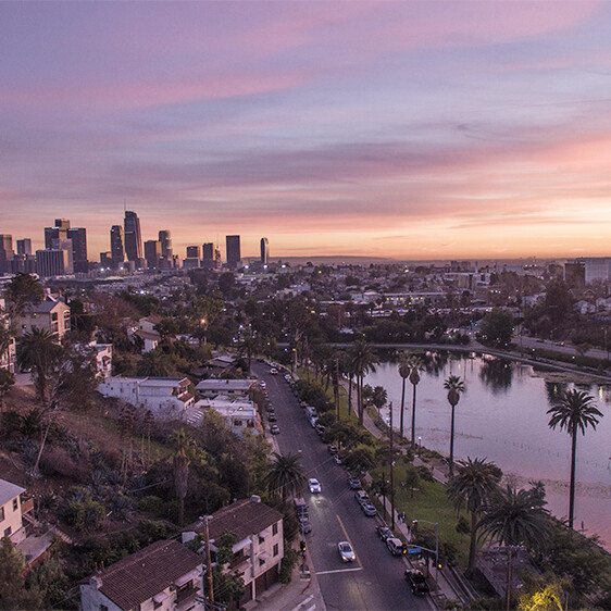 Echo Park Lake with Downtown Los Angeles Skyline