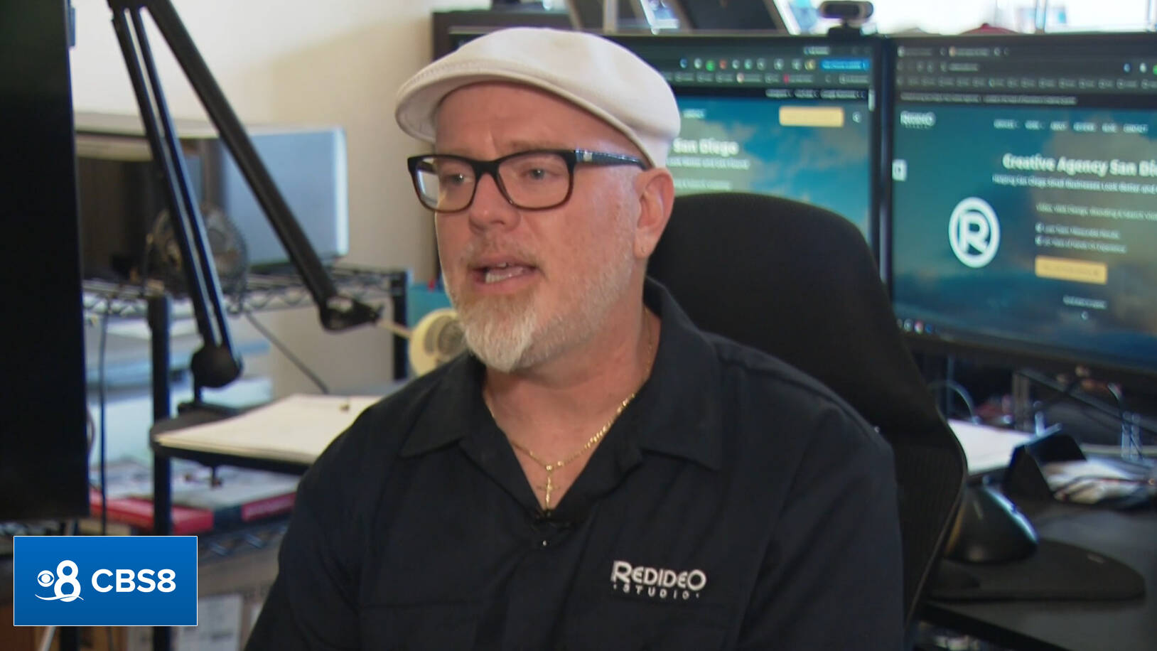 Daniel Travers, founder of Redideo Studio, appearing on CBS 8 to discuss how AI is being used in business and creative work.