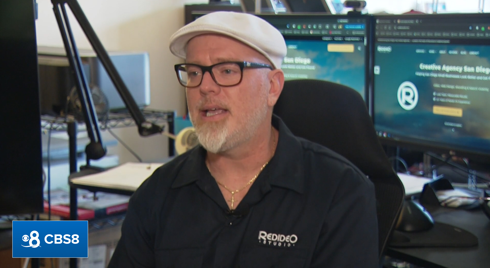 Daniel Travers, founder of Redideo Studio, appearing on CBS 8 to discuss how AI is being used in business and creative work.