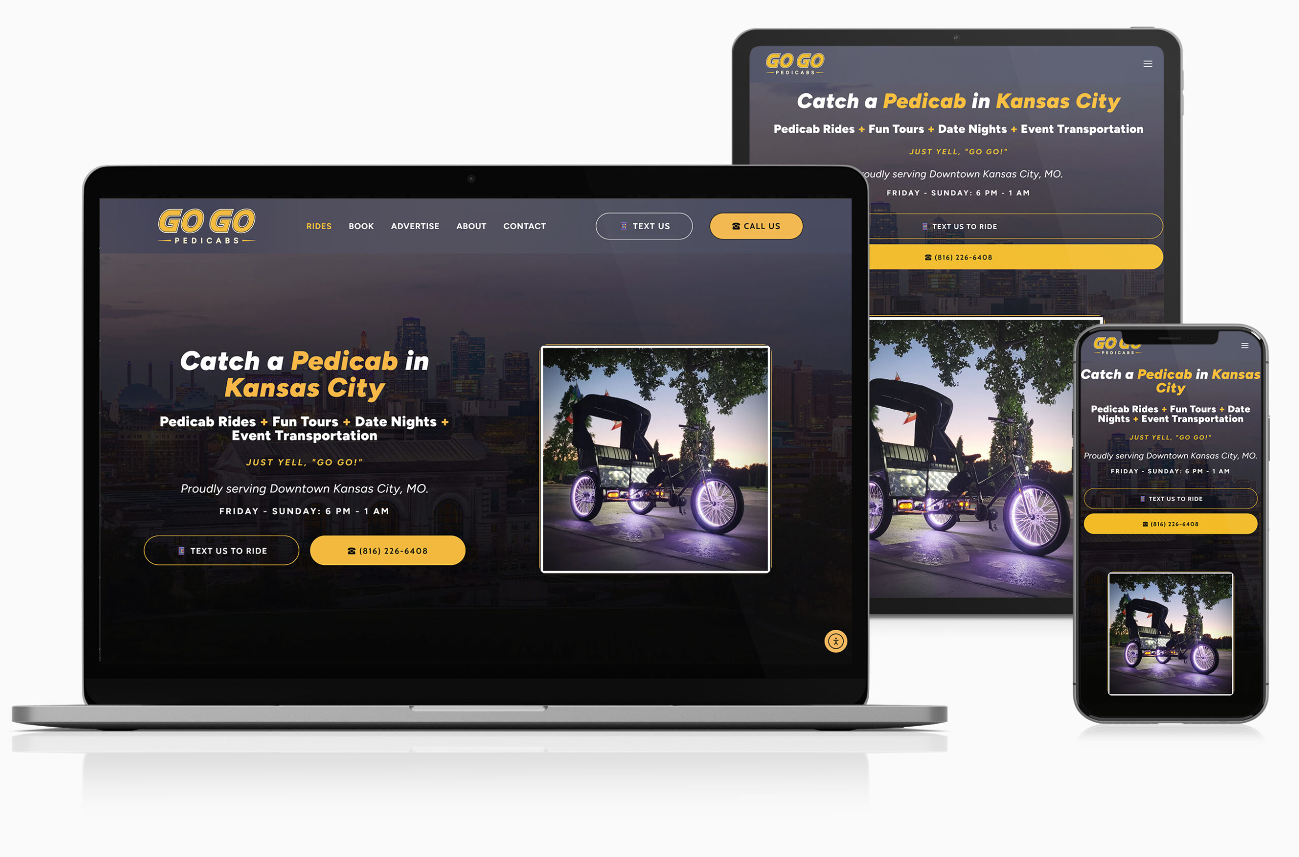 Go Go Pedicabs responsive website design shown on desktop, tablet and mobile devices