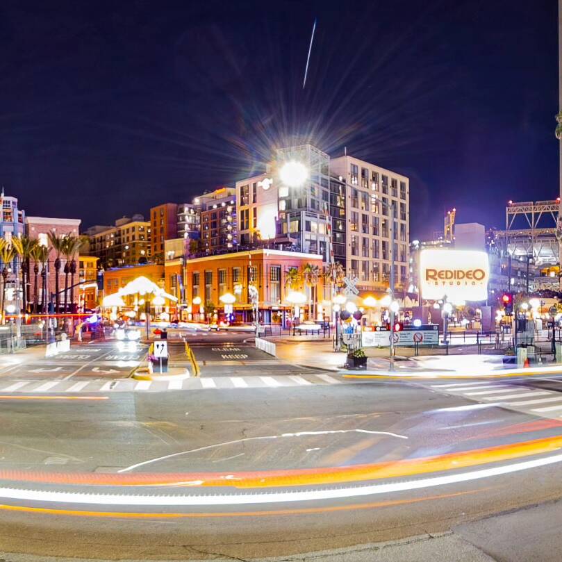 Long exposure photograph of the Gaslamp Quarter at night in Downtown San Diego.
