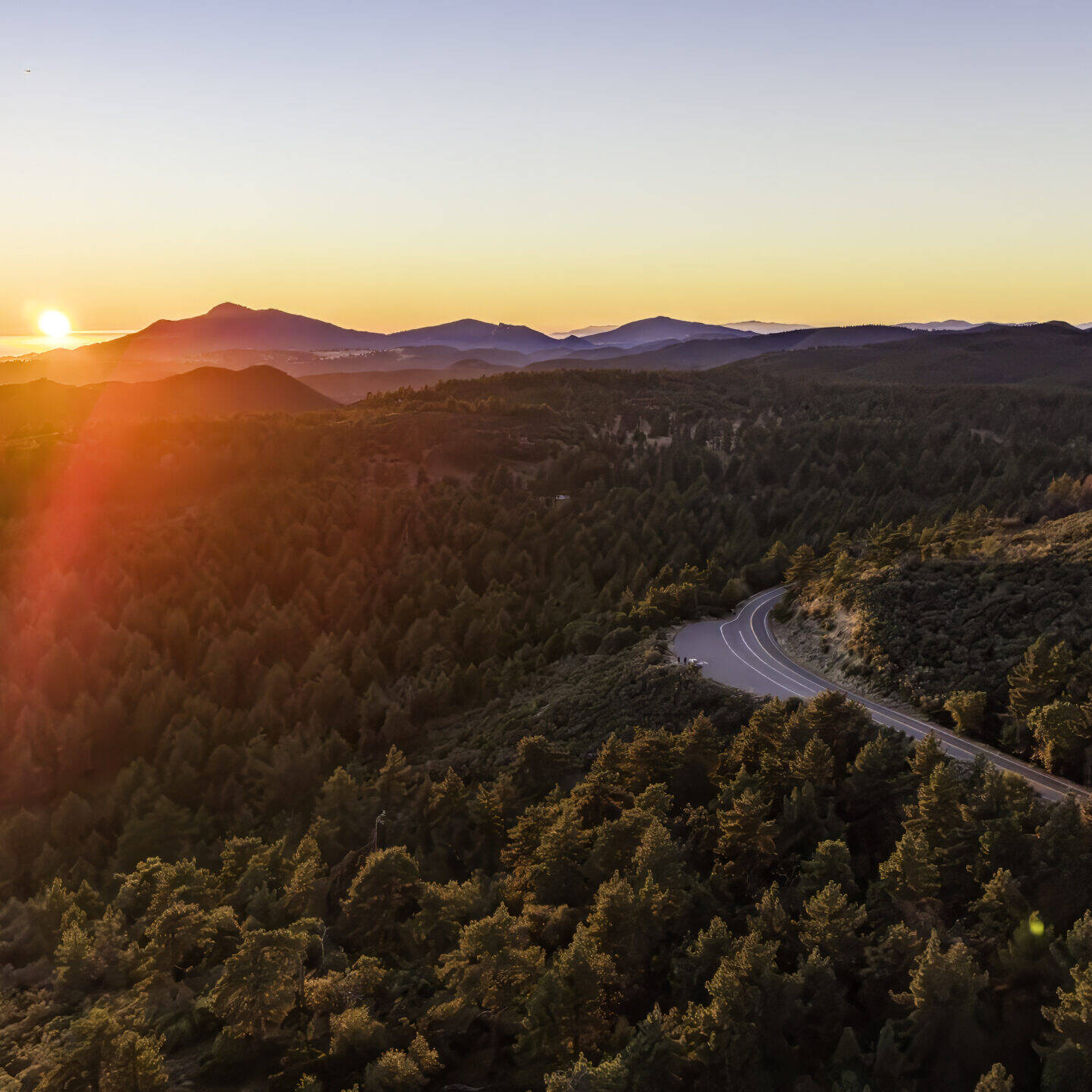 Aerial sunset view of Mt. Laguna in San Diego County.